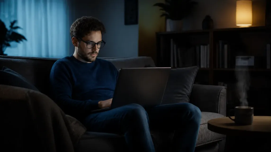 A user is adjusting Tor Browser settings on their laptop in a cozy living room.