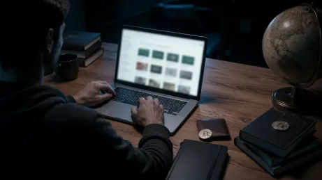 A user engages with the Silk Road marketplace, surrounded by cryptocurrency literature.