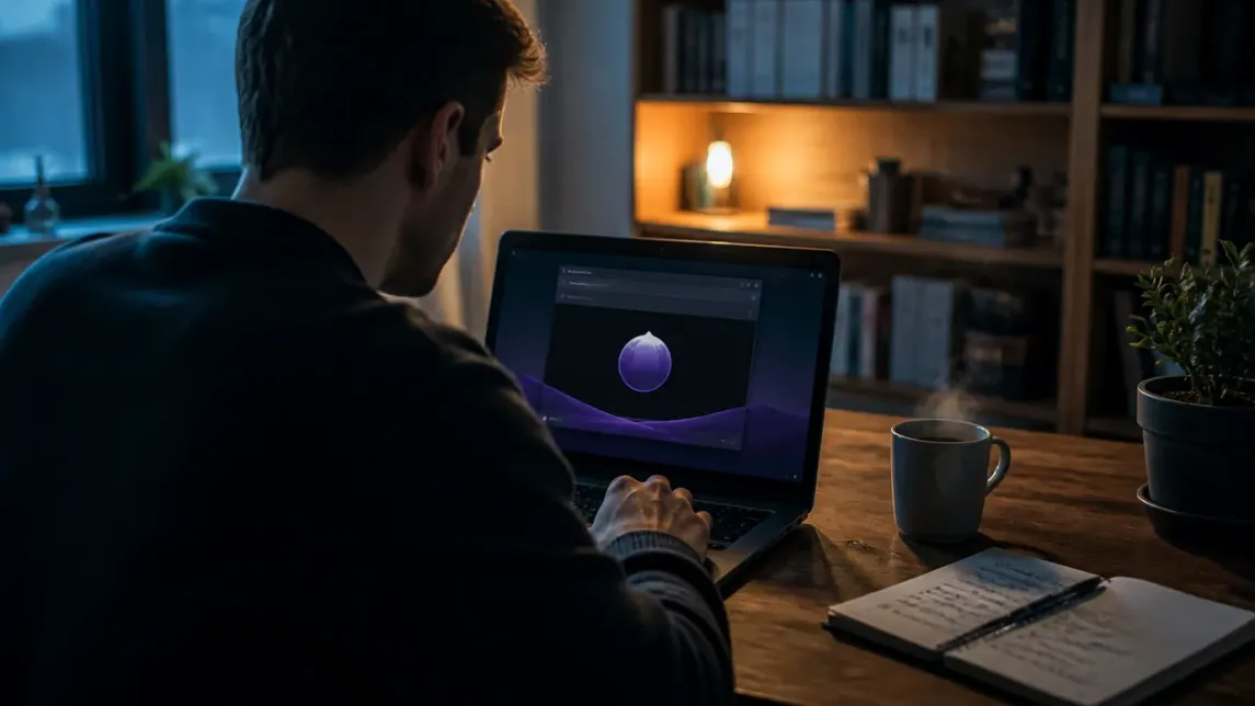 A user engaging with Tor Browser in a warm and inviting home office setting.
