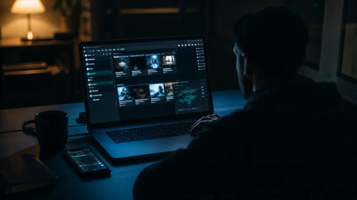 A person engages with a dark web marketplace on their laptop in a dimly lit room.