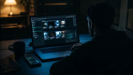 A person engages with a dark web marketplace on their laptop in a dimly lit room.