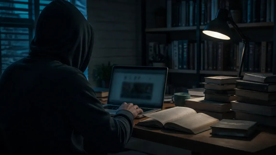 A person discreetly accessing literature online in a cozy home office filled with books.
