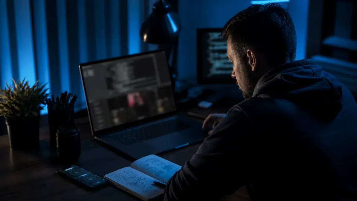 A person researching dark web sites in a dimly lit workspace, surrounded by tech gadgets.