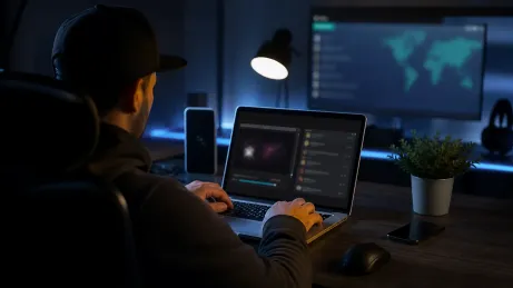 A user is securely downloading files from the dark web in a modern home office.
