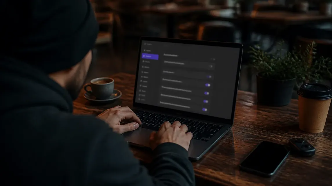 A user adjusting Tor Browser settings in a warm coffee shop atmosphere.