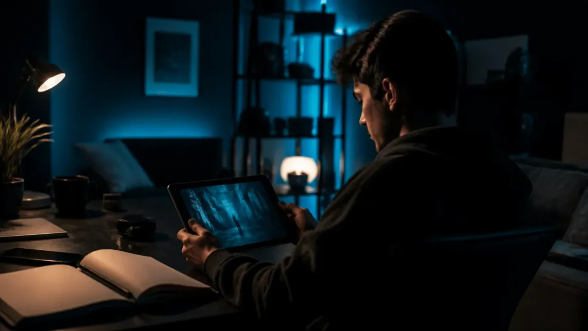 A user engaged in exploring Tor hidden services on a tablet in a cozy room.