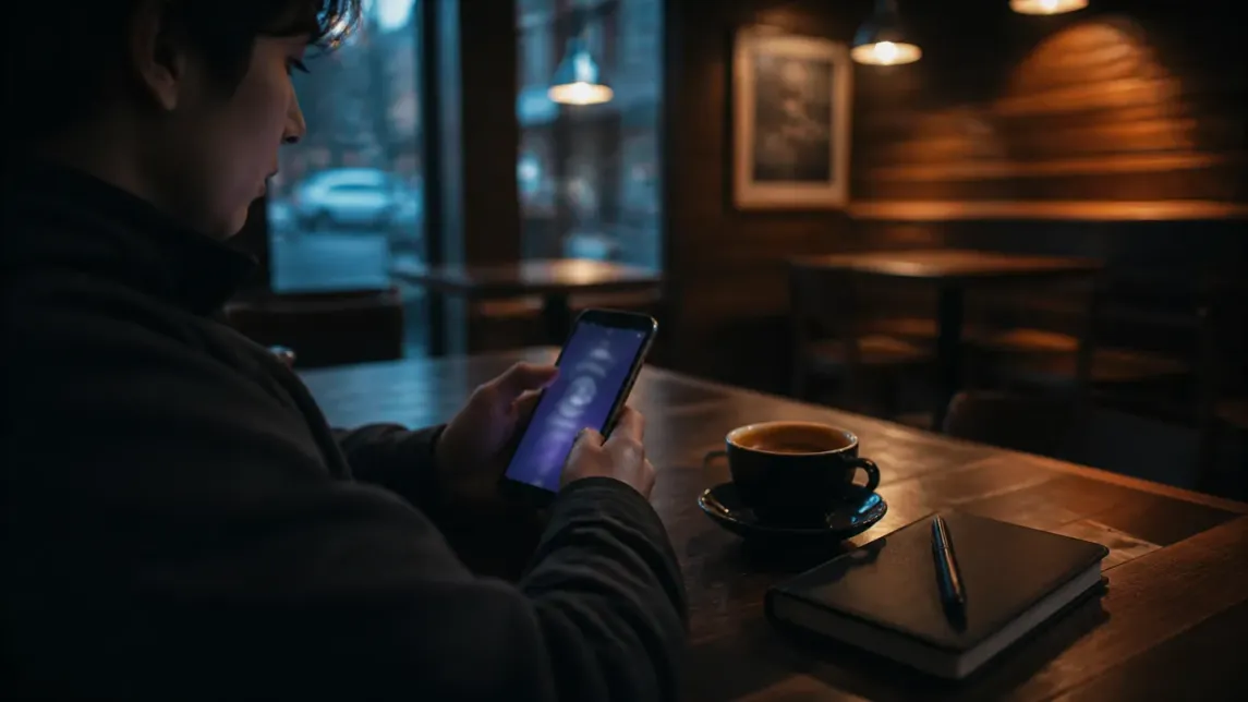 A user in a café engaging with the Tor Browser on their Android device.