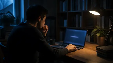 A user seated at a desk in a study, downloading Tor Browser on a laptop.