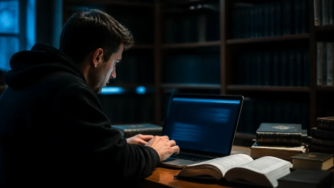 A user studies legal dark web resources in a quiet library setting.