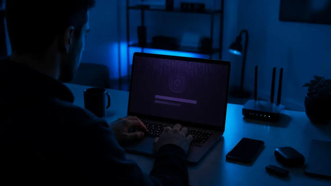 A user engaged in navigating a Tor search engine in a dimly lit office.
