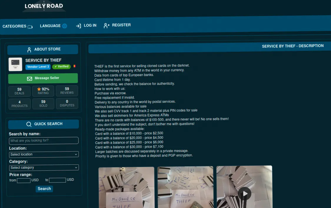 Interface of a darknet website selling cloned cards.