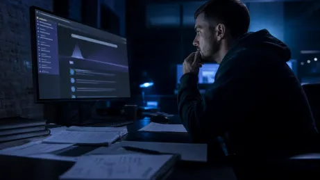 A user studying .onion links on a computer in a dimly lit workspace.