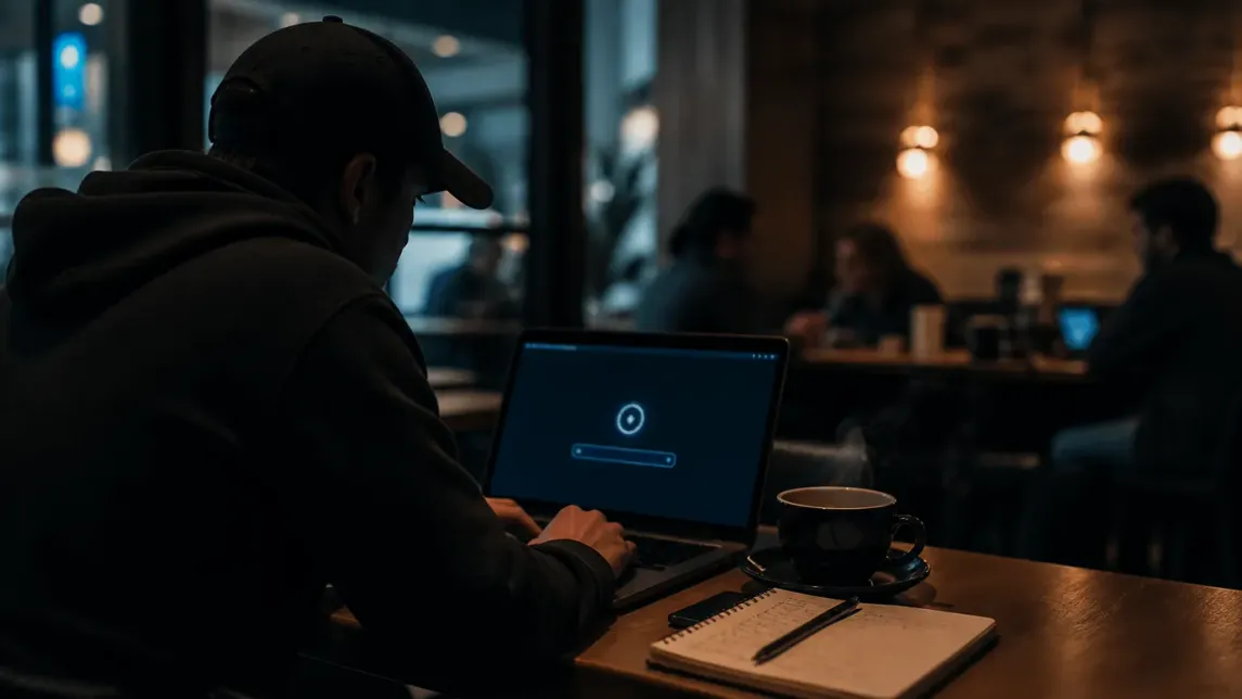 A user engages with an onion search engine in a modern café setting.
