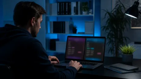 A user comparing features of Tor Browser and Tor Browser Alpha in a home office.