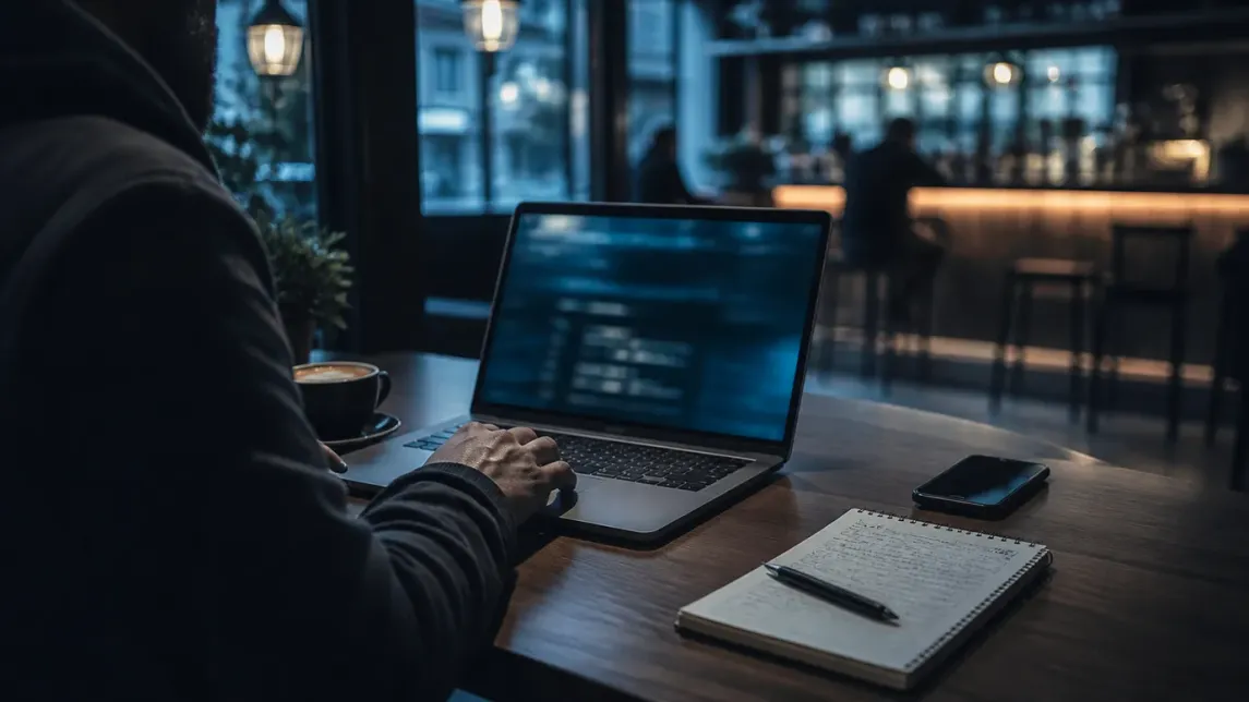 A user is engaged in accessing onion sites on Chrome in a cozy café atmosphere.
