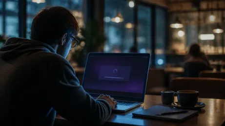 A user engaged with the Tor Browser home page in a café setting.