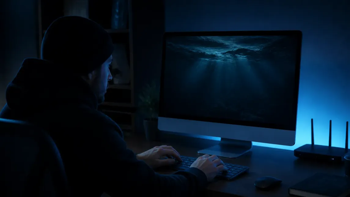 A user is navigating a Tor search engine on a desktop computer in a dark room.
