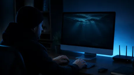 A user is navigating a Tor search engine on a desktop computer in a dark room.