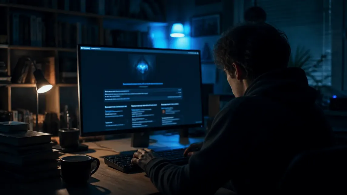 A user is actively exploring the Hidden Wiki on a desktop computer in a cozy room.
