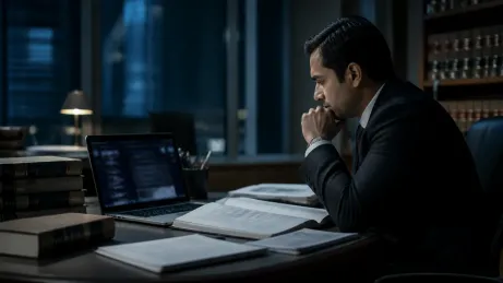 A person thoughtfully researching the legality of accessing dark web sites in an office setting.