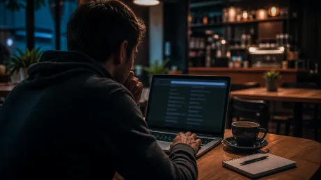 A user explores the Hidden Wiki on a laptop in a cozy cafe setting.