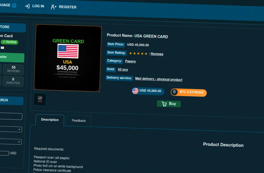 Advertisement for a US Green Card for $45,000