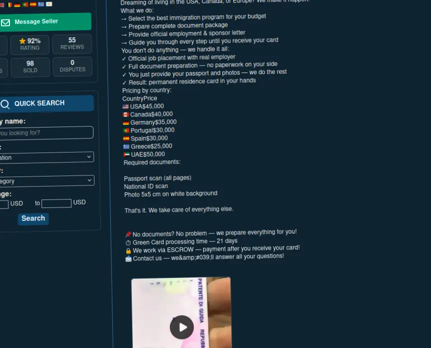 Website interface showing visa and green card services