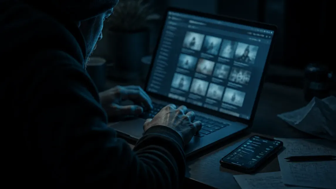 A user examines dark web marketplaces on a laptop in a dimly lit room.