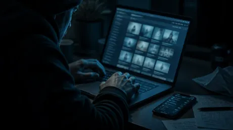 A user examines dark web marketplaces on a laptop in a dimly lit room.
