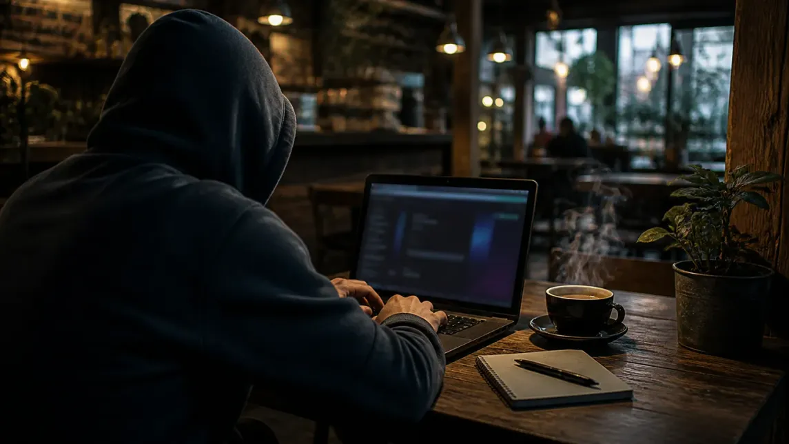 A user engages with .onion sites in a warm café setting.
