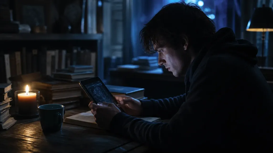 A person explores the Hidden Wiki on a tablet in a cozy, low-light setting.