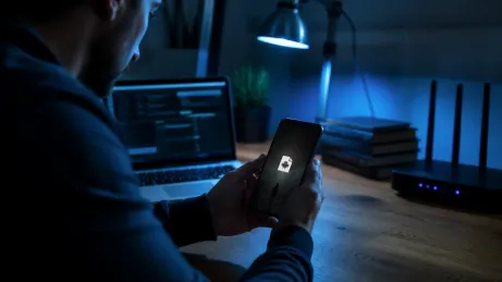 A user reviews a dark web search engine APK on their smartphone at a home office.