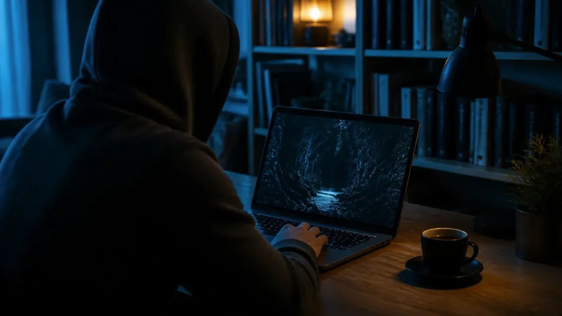 A user is engaged in exploring dark web links on their laptop in a cozy room setting.