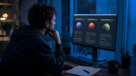 A user comparing privacy-focused web browsers in a modern home office setting.