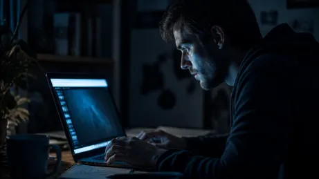 A user engages with a laptop in a dark room while exploring Tor hidden services.