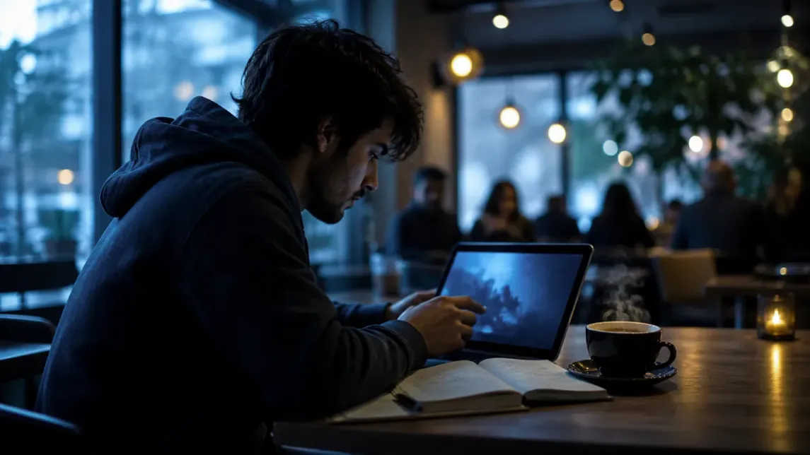 A person browsing .onion sites on a tablet in a cozy café setting.