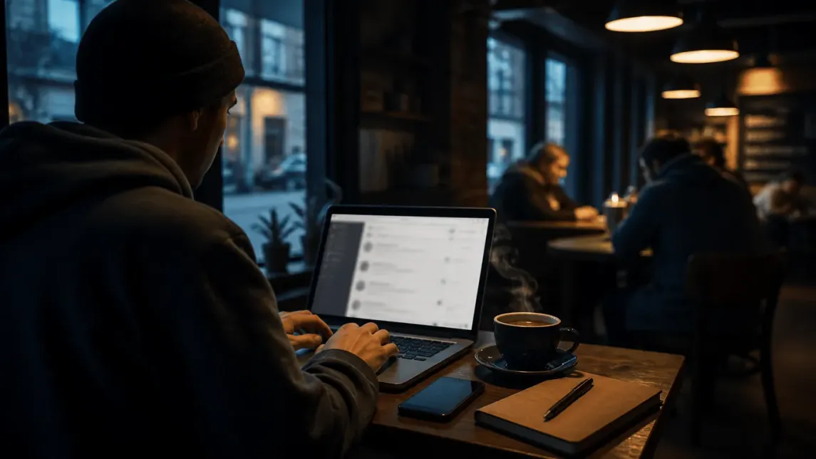 A user is browsing Reddit securely on Tor Browser in a café setting.