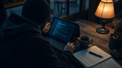 A user is exploring dark web search engines on a tablet in a café.
