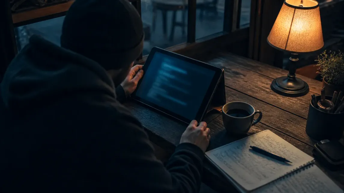 A user is exploring dark web search engines on a tablet in a café.