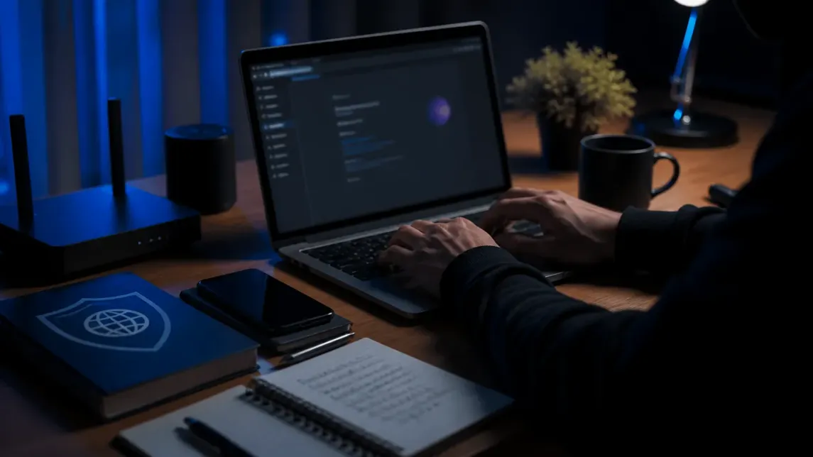 A user is setting up the Tor Browser in a stylish home office environment.