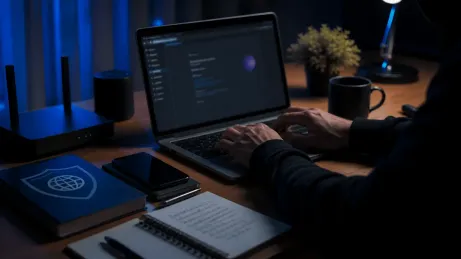 A user is setting up the Tor Browser in a stylish home office environment.
