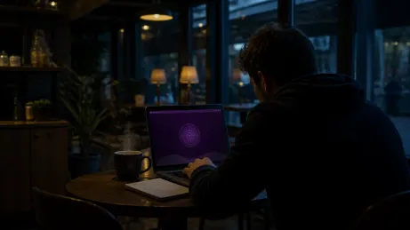 A user is deeply engaged in browsing the Tor Browser at a café table, surrounded by a warm and inviting atmosphere.