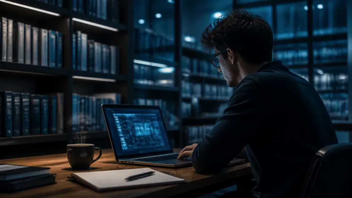 A user is researching deep web databases in a contemporary library setting.
