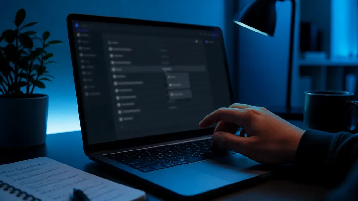 A user interacts with the Tor Browser bookmark management on a laptop in a stylish home office.
