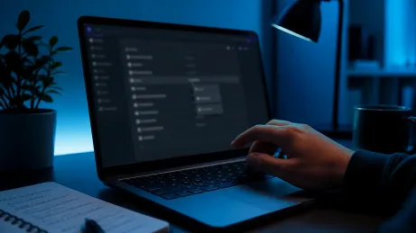 A user interacts with the Tor Browser bookmark management on a laptop in a stylish home office.
